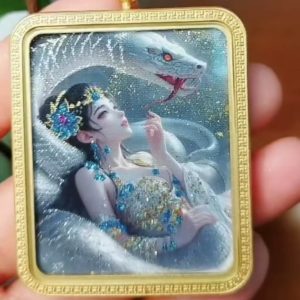 White Serpent Hand-Painted Pendant with Gold Accents [Customizable]
